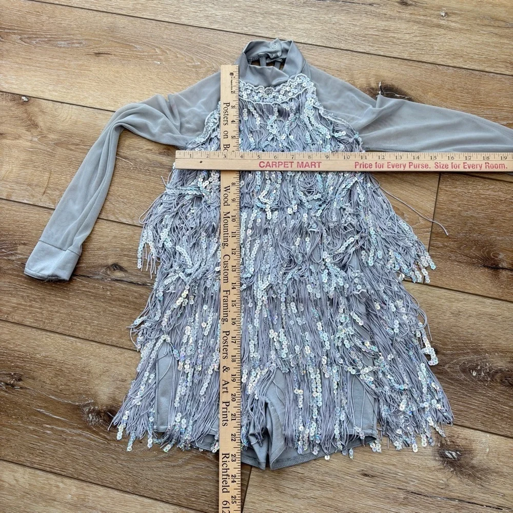 Weissman Silver Fringe Sequined Dance Skating Dress Costume size MC Flapper Tap